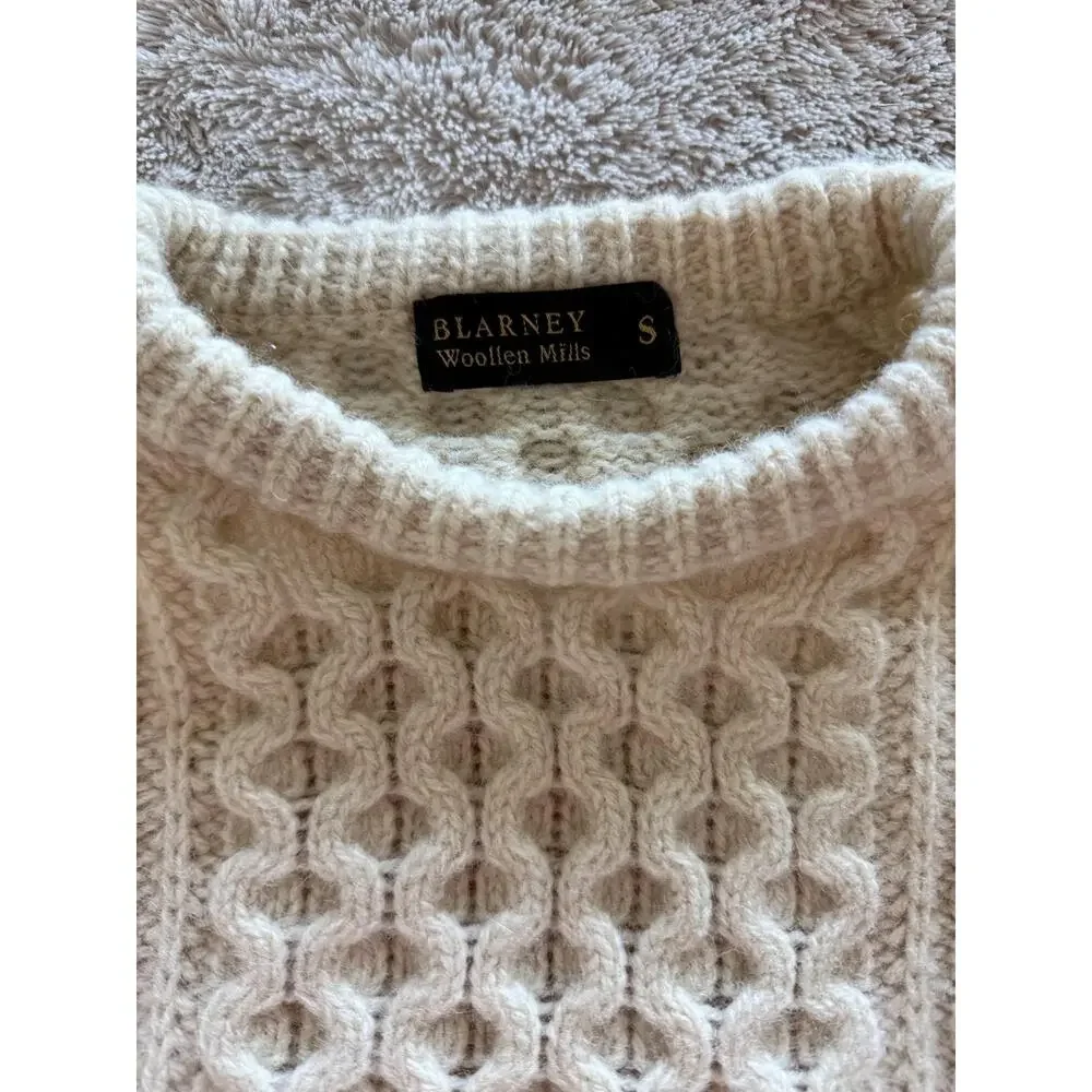 Blarney Woollen Mills Aran Sweater Cream Cable Knit Fisherman Wool Pullover S
